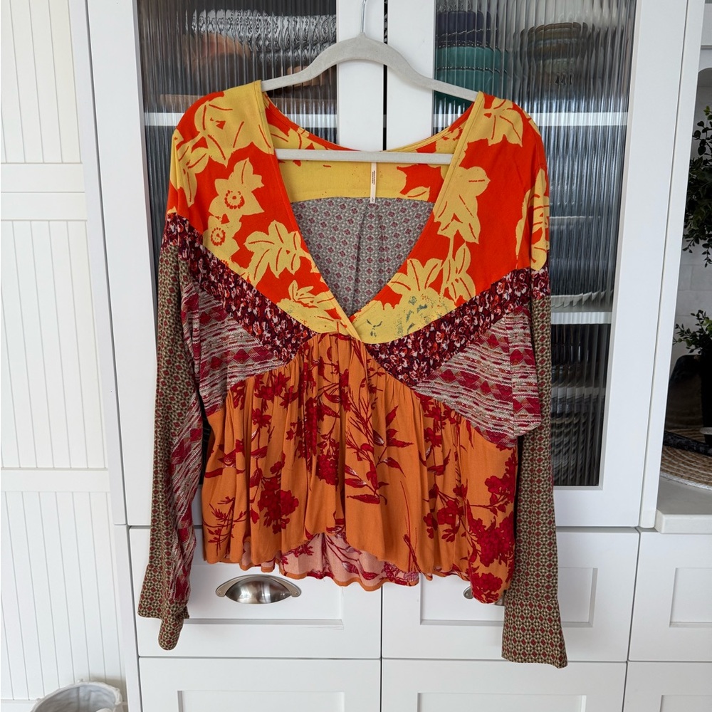 Free People Multicolor Patchwork peasant  Blouse